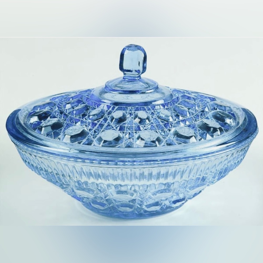 Indiana Glass Windsor Blue Button & Cane Candy Dish